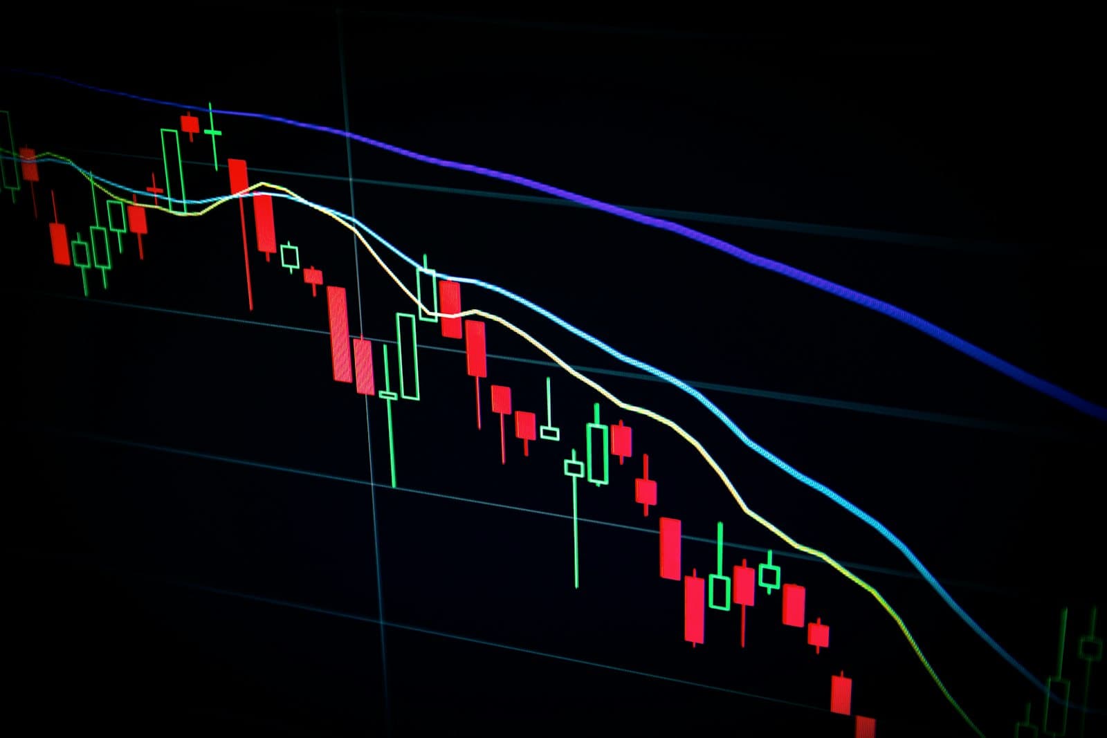 Candlestick stock chart trending downward on a dark screen