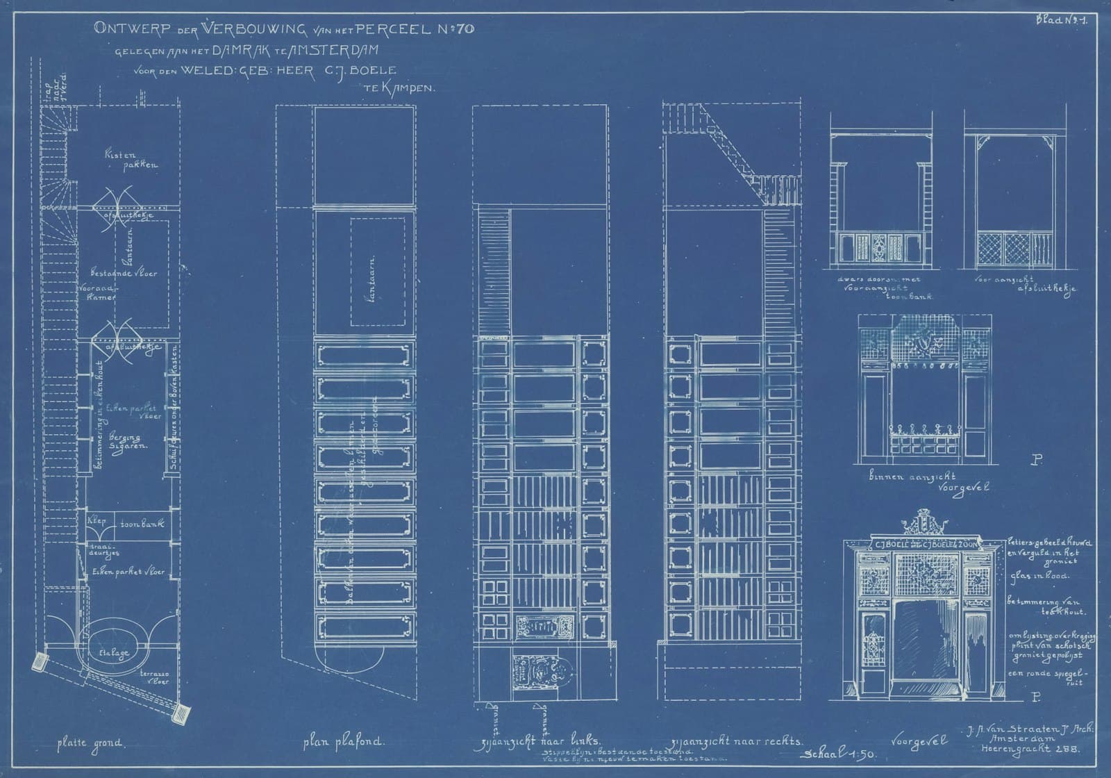 Vintage architectural blueprint with detailed building plans